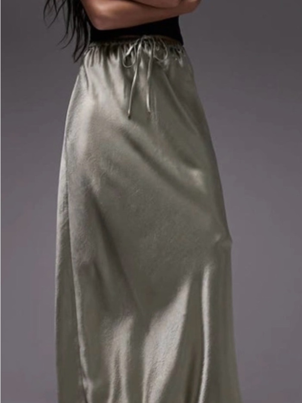Topshop Olive Satin Drawstring Maxi Skirt